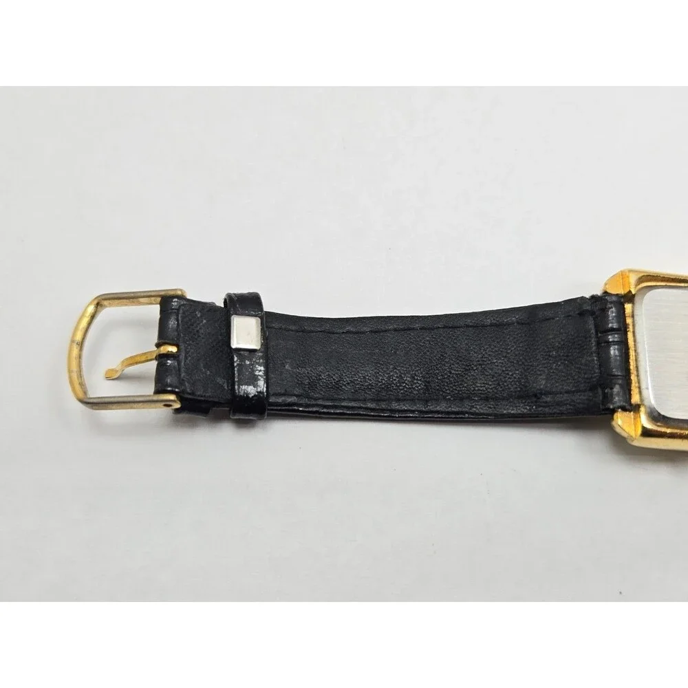 Vintage Osirock Dual Time 26mm Gold Tone Tank Watch Black Leather New Battery